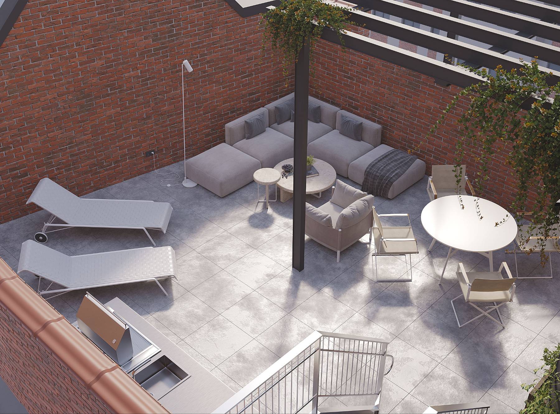 Perched atop the building